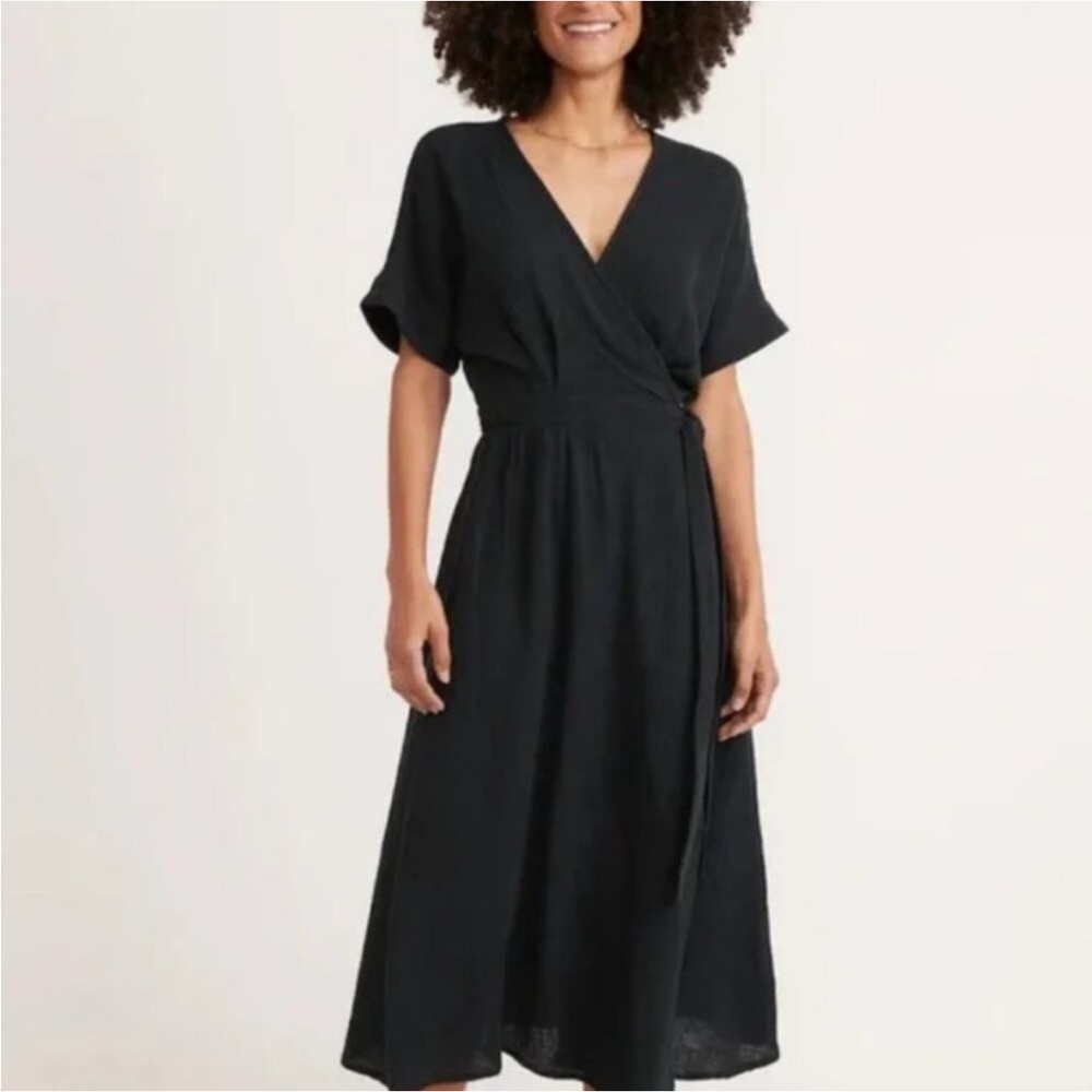 Marine Layer Maddie Midi Gauze Wrap Dress Black Size Medium
